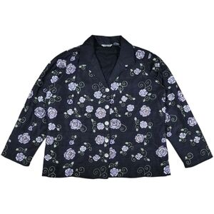 Laura Ashley Silk Jacket Womens Large Black Purple Embroidered Floral Boxy Retro